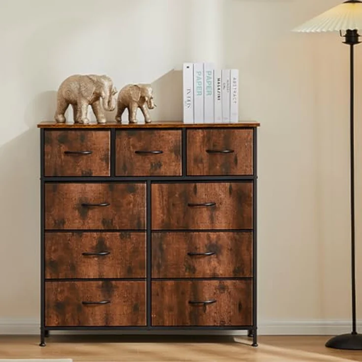 DUMOS Kommode mit Schubladen - Kommoden&Sideboards für Schlafzimmer Geeignet, Komodenschrank mit 9 Schubladen, Stoffkommode mit Stabilem Stahlrahmen, Ideal für Schlafzimmer, Wohnzimmer (Vintagebraun) – Bild 3