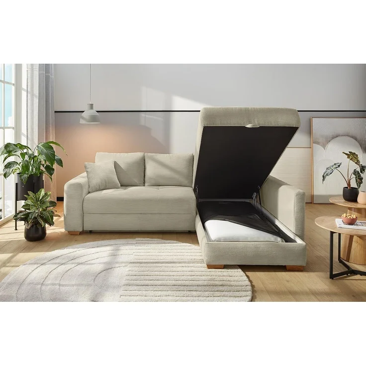 Ecksofa-Dauerschläfer Boxspring Federkern-Couch Topper Bettkasten, Cord Beige Grau – Bild 5