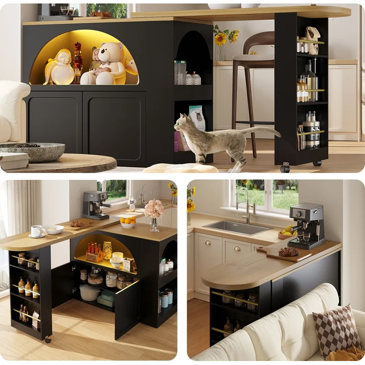 Merax Ausziehbarer Bartisch mit Stauraum(135-205×39×100cm) , Moderner Beweglicher Bar Table, Teleskopischer Bartisch mit LED Hochtisch Kücheninsel, schwarz – Bild 8