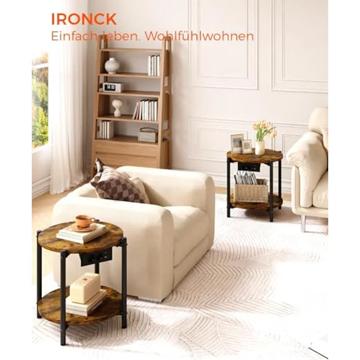 IRONCK Beistelltisch rund, Couchtisch mit Steckdose, Kleiner Tisch Holz, Wohnzimmertisch 2 Ablagen,Sofatisch,USB & Type-C-Anschluss, Metallrahmen, Nachttisch für Schlafzimmer (Vintagebraun, 2 Stücke) – Bild 9