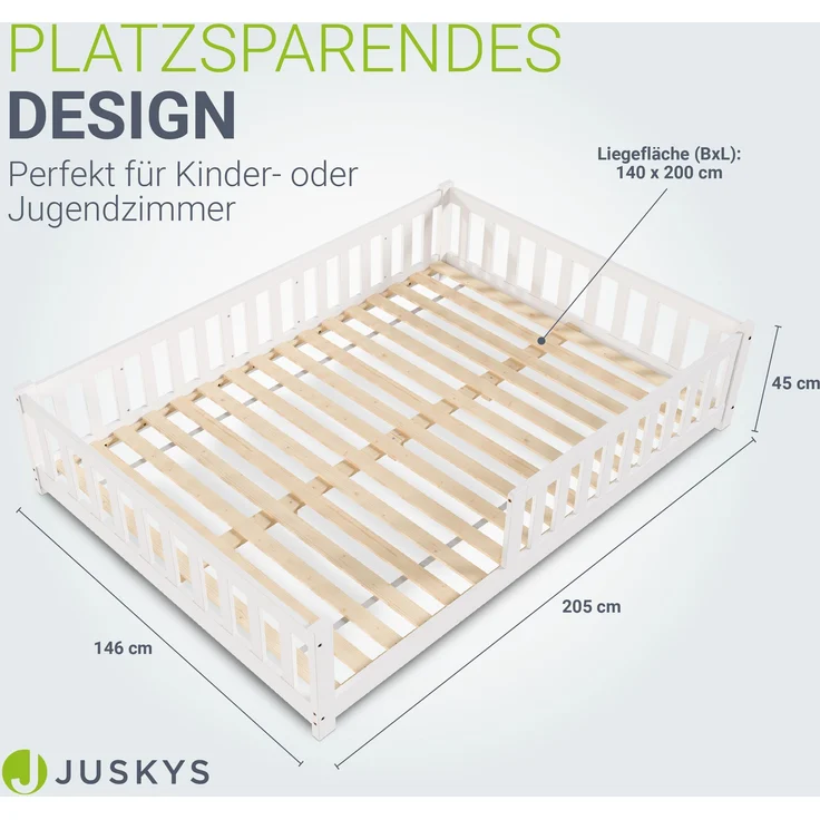 Juskys 'Naya' Kinderbett - mit Matratze, Rausfallschutz & Lattenrost - Bodenbett für Kinder 3 -10 Jahre - Holz Weiß, 140x200 cm – Bild 5