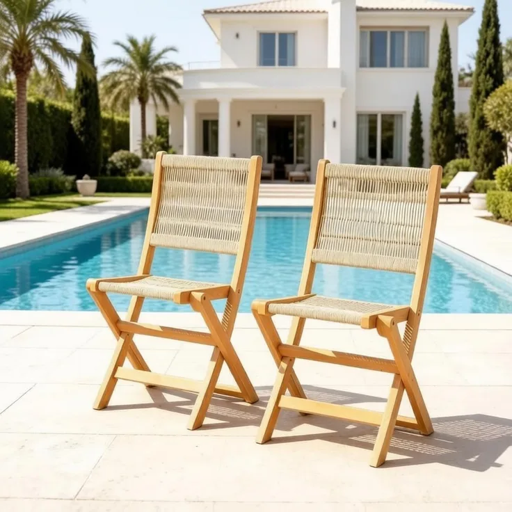 Vielseitiger Freizeitstuhl,Klappbarer Outdoor-Stuhl mit geflochtenem Sitz und Rückenlehne,Leichter Faltstuhl(nur mit 2pcs Stuhle)--Beige+Natur--48x55.5x88cm--YOUDENOVA