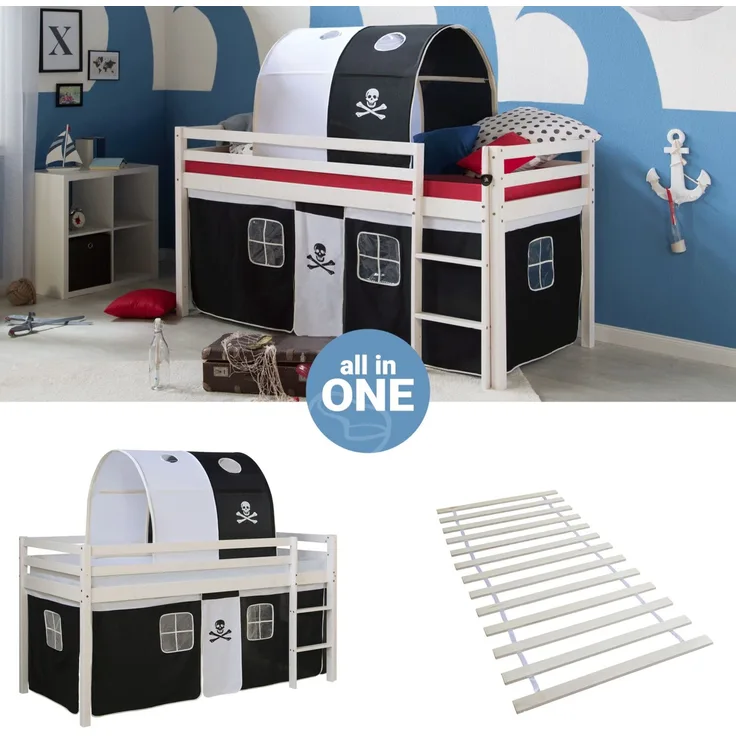 Homestyle4u Spielbett mit Tunnel, Pirat, Kiefernholz schwarz, 90x200 cm
