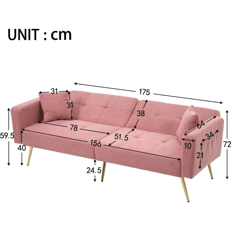 Wohnora-Schlafsofa mit Bettfunktion, verstellbarem Winkel, goldenen Beinen, mit Kissen und seitlichen Aufbewahrungstaschen,H 72cm x T 175cm x B 64cm,Rosa – Bild 4