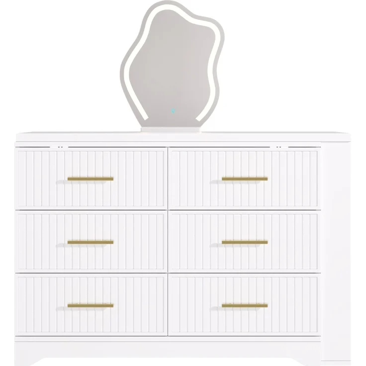 Schminktisch 110x40x129 cm, drehbar, mit LED-Spiegel und 6 Schubladen – Weiß und Goldfarben – Bild 10