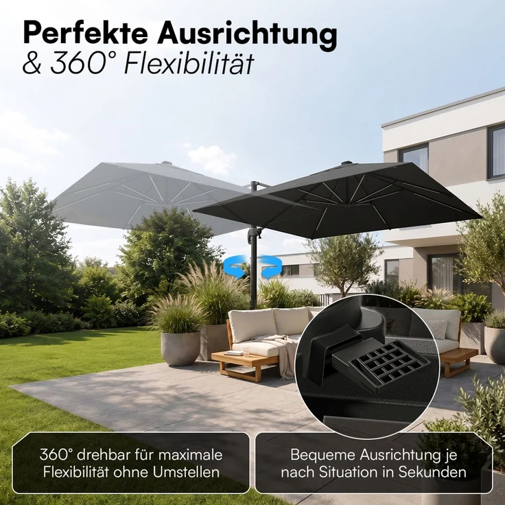 STEELSØN 'Elaris' Premium Sonnenschirm 300x300 cm quadratisch mit LED, neigbar und 360-Grad drehbar, schwarz, Ampelschirm inkl. Hülle, extrem robuste Metall-Stange, 220 g/m² Polyester, UV50+ – Bild 3