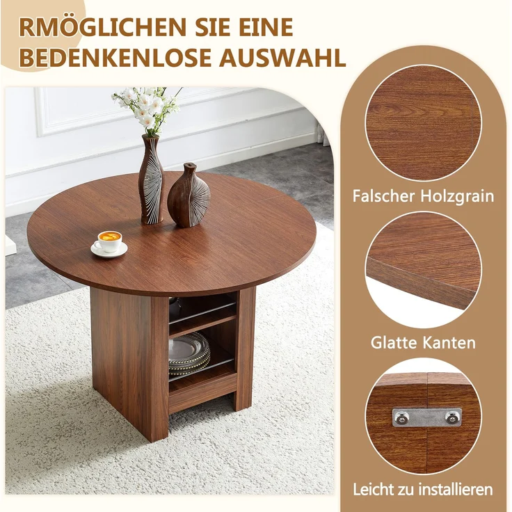 Esstisch rund 100x100x76 cm, MDF in Walnussoptik mit offenen Stauraumfächern – Bild 7