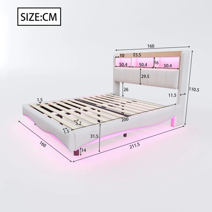Beiges Schwebebett 160x200 cm Mit LED Beleuchtung Und USB Type C Anschlüssen Doppelbett Mit Stauraum Modernes Design 250 Kg Tragkraft – Bild 6