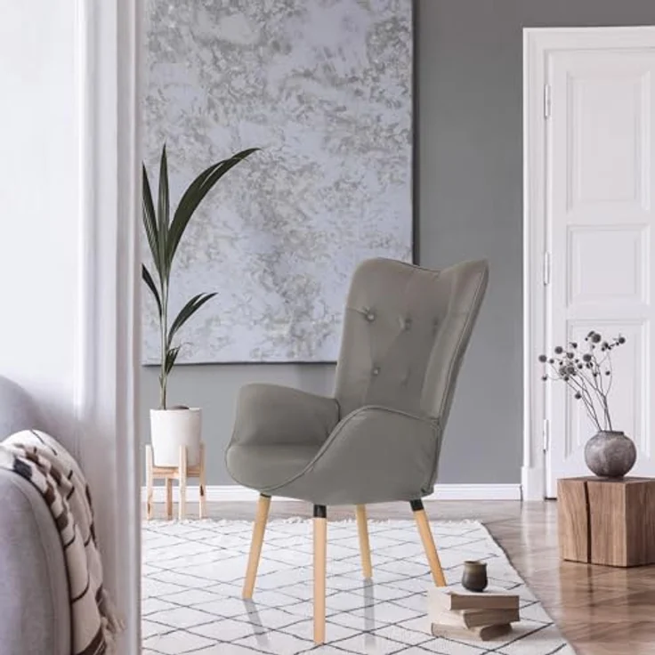 hjh LIVING Ohrensessel in Velour-Optik HAVENIO I Sessel für Wohnzimmer Schlafzimmer, Polsterstuhl mit Holzbeinen, Stoff Grau – Bild 3