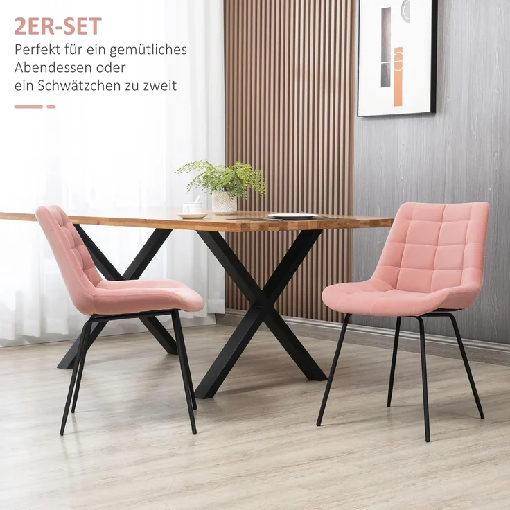 HOMCOM Esszimmerstühle 2er Set Küchenstuhl mit Rückenlehne, Samtoptik, Sessel Stühle, Wohnzimmerstuhl mit Stahlbeine Retrodesign Polsterstuhl für Esstisch, Rosa – Bild 4