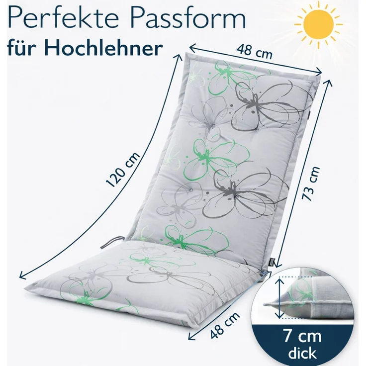 BURI 4x Auflagen Set Hochlehner für Gartenstühle 120x48x7cm Sesselauflagen Polster UV Lichtecht - Gartenstuhlauflagen Blumen Muster Stuhlkissen mit Dicker Schaumstoff Füllung (Grau) – Bild 2