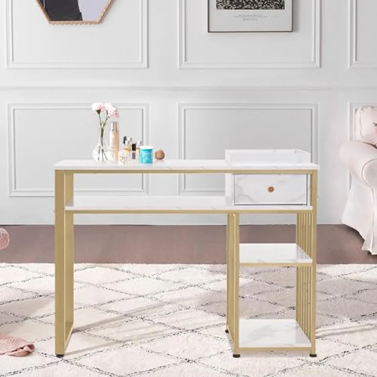 M MCombo Schreibtisch mit Schubladen, Nageltisch mit Regal, Manikürtisch aus Holz Metallgestell, Schminktisch ohne Spiegel Wohnzimmer Modern, Marmor-Weiß Gold, 2498 – Bild 3
