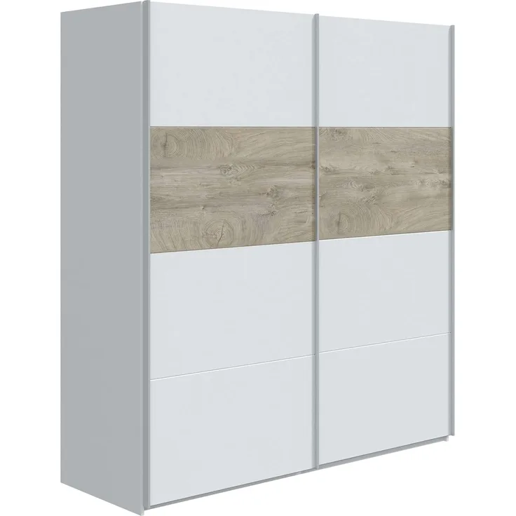 Habitdesign, Kleiderschrank– Schwebetürenschrank mit 2 Schiebetüren für Schlafzimmer, viel Stauraum in Arkit weiß und Alaska-Eiche, Maße: 180 x 200 x 60 cm (B x H x T), Modell Aikos