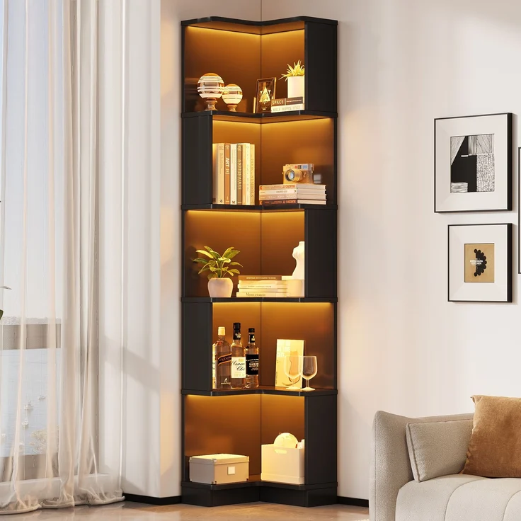 Flieks Eckregal mit LED 63.5×45×175 cm, Eckbücherregal 5 Ebenen, Bücherregal Ecke mit App-Steuerung, Standregal modern, Schwarz – Bild 1