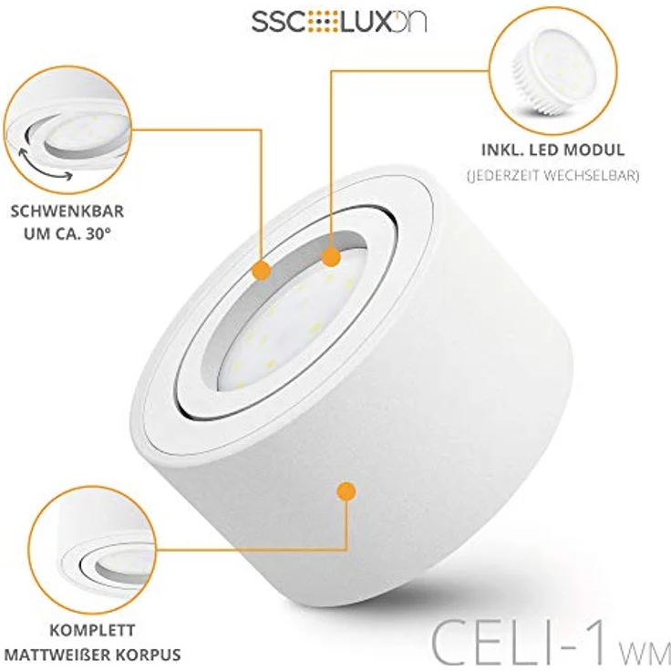 SSC-LUXon CELI-1WM, kleiner schwenkbarer LED Deckenspot mit tauschbarem 4W warmweiß Modul, weiß pulverbeschichtet – Bild 5