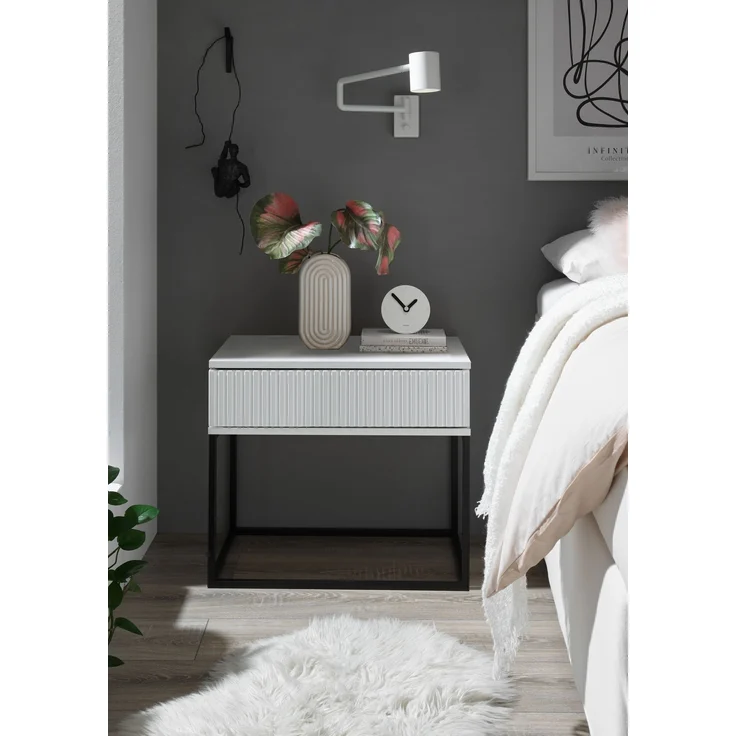 MARLE Nachttisch in Weiß - Moderner Nachtschrank mit Schublade und schwarzem Metallgestell - 60 x 52 x 38,5 cm (B/H/T) – Bild 2