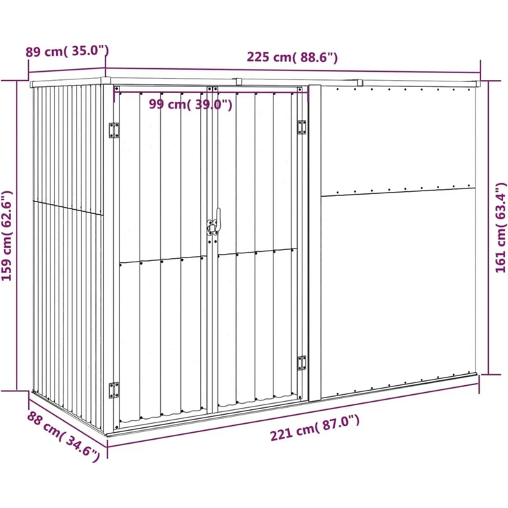 vidaXL Gerätehaus Braun 225x89x161 cm Verzinkter Stahl 316216 – Bild 7