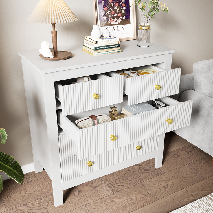 Kommode mit 5 Schubladen Weiss Struktur Front Gold Griffe Sideboard Aufbewahrung Schrank Schlafzimmer Wohnzimmer 80cm – Bild 6