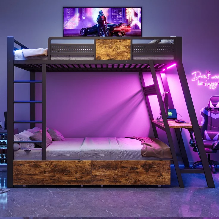 Merax Metall-Etagenbett 140x200 cm, integrierter Gaming-Schreibtisch mit Steckdosen, USB- und Type-C-Anschlüssen, mit LED-Lichtband, zwei Aufbewahrungskörben, Schwarz – Bild 3