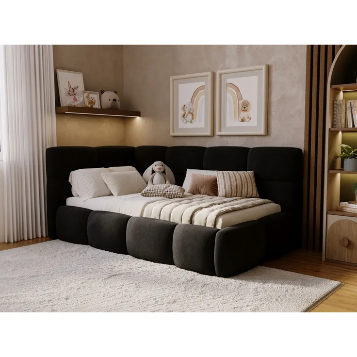 GRAINGOLD Modo One Jugendbett 90x200, Einzelbett mit Bettkasten, mit Lattenrost, Velvet-Stoff, Rechts, Schwarz