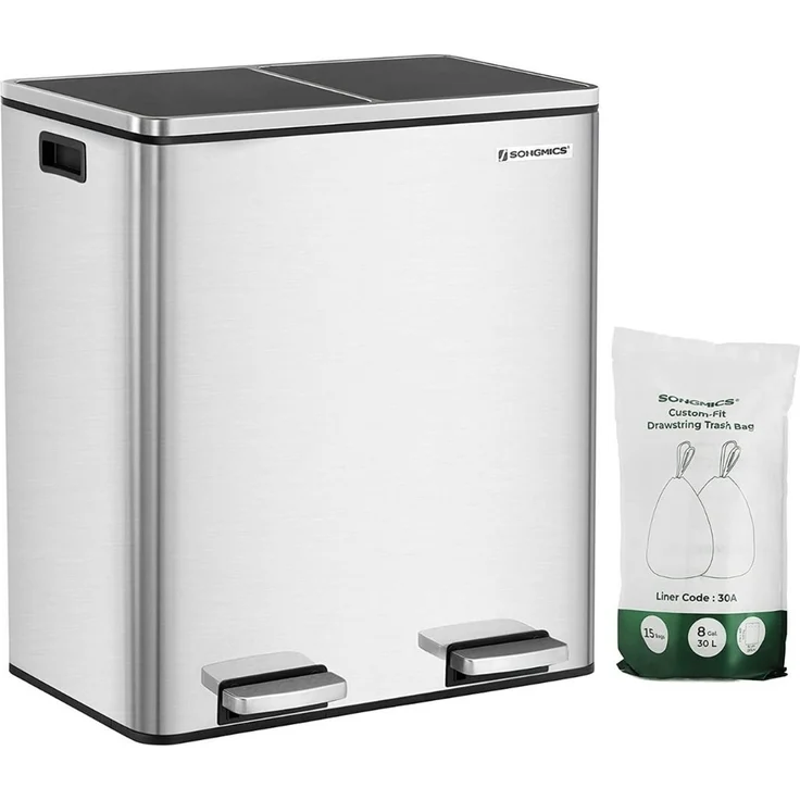Songmics Mülleimer mit 2 Fächern und Softclose, luftdicht inkl. Müllbeutel, Metall, 60 (2x30) Liter, Silber – Bild 1