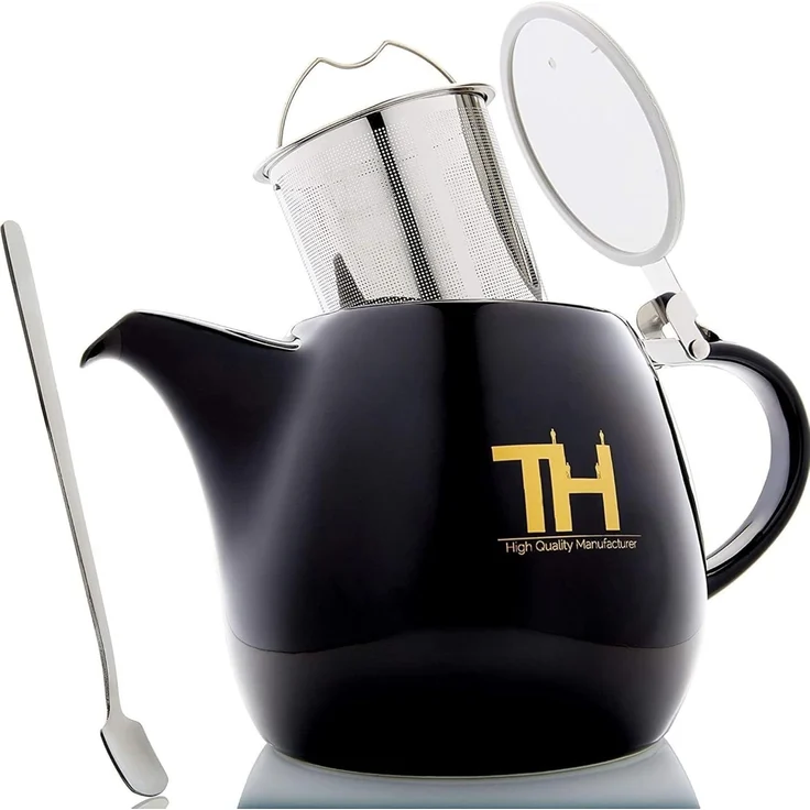 Thiru Teekanne mit Stövchen Porzellan, inkl. Edelstahl Siebeinsatz, 1.2 l, (Hitzebeständiges Porzellan aus Handarbeit), Innovative Mundform für leichtes Ausschenken – Bild 1