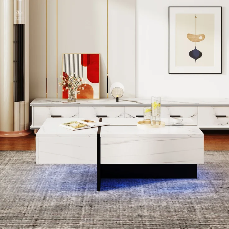 Couchtisch, Spanplatte in Hochglanz marmorähnlicher Optik mit LED-Beleuchtung & 3 Schubladen, 100x50x34,5 cm, Weiß – Bild 6