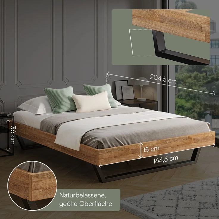 skølm 'Alver' Bett 160x200 cm, Bettgestell, natur geölt, Massivholzbett aus Eiche mit Metallkufen, Doppelbett ohne Bettkopf – Bild 6