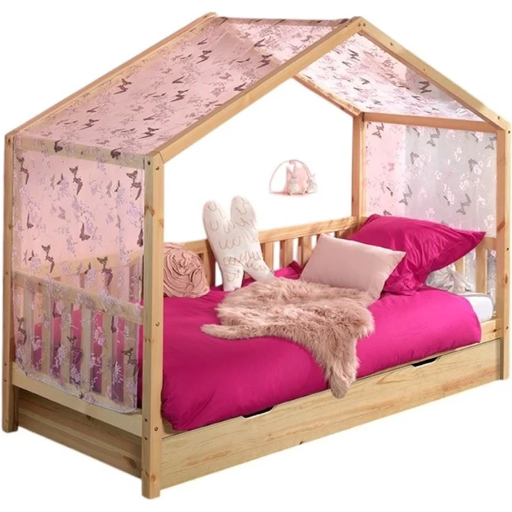 Hausbett mit Textilhimmel Kapua 210x97x170 Massivholz Natur – Bild 1