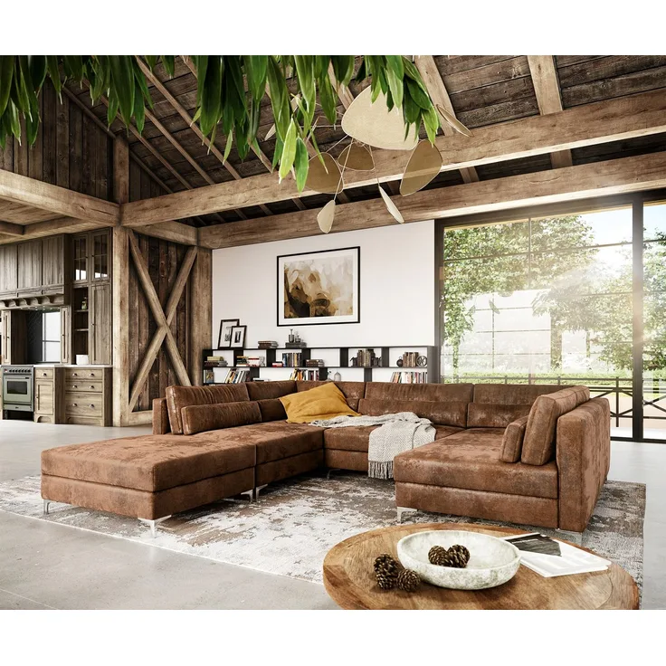 Sofa Elio Lederimitat Vintage Braun Antik 300x185 cm mit Hocker Wohnlandschaft