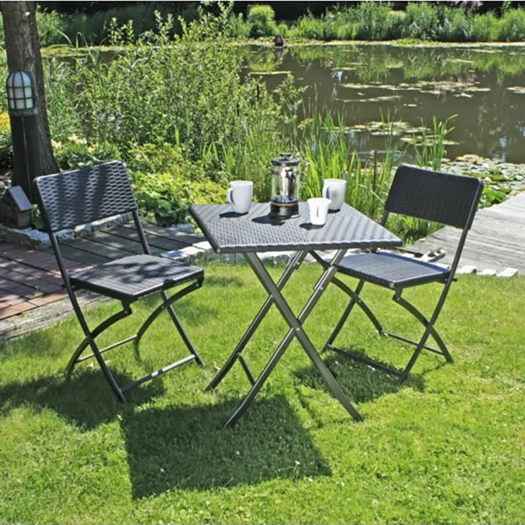 3-Teiliges Garten Set, 1x Tisch, 2x Stühle, klappbar, Stahl/Kunststoff Schwarz – Bild 3