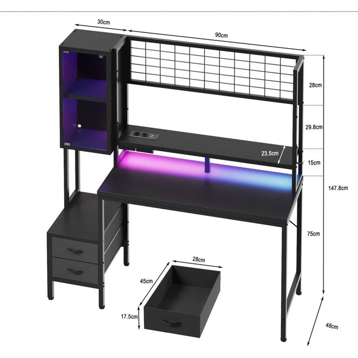 GUNJI Eckschreibtisch 100/120L Form mit Ablagefächern, 2 Tier DIY Lagerregalen Computertisch (mit Monitorstander & Vitrine, mit 2 Schubladen, Ergonomischer Computertisch mit Stromleiste, 120/14ocm Schreibtisch fur Gaming & Homeofice,Schwarz), Schreibti... – Bild 3
