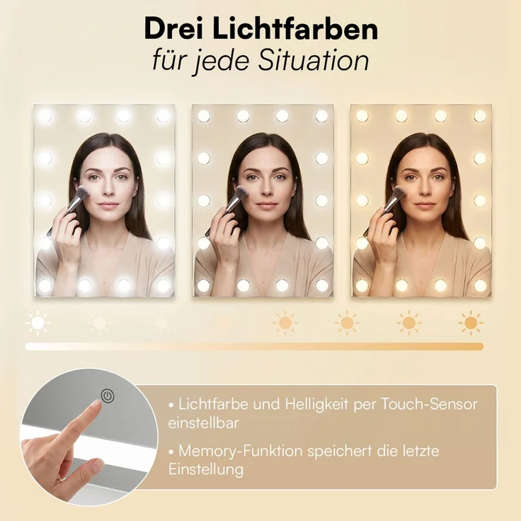Bellamio 'Livny' Schminkspiegel mit LED-Glühbirnen, dimmbar, Hollywood Spiegel mit 3 Lichtfarben, weiß, 110x70 cm, inkl. Touch-Screen (mit Wandbefestigung) – Bild 3