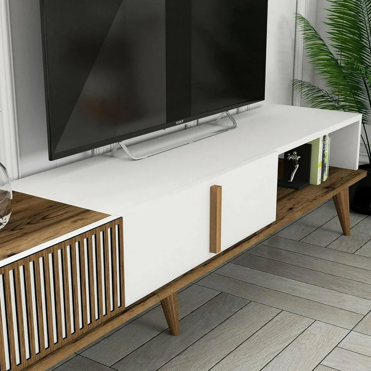 Dmora - Wohnzimmermöbel Gemini, Modulares Wohnzimmerset, Mehrzweck-Wohnzimmermöbel, Moderner TV-Schrank, 180x35h40 cm, Walnuss und Weiß – Bild 8