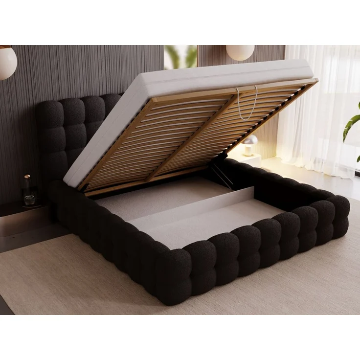 GRAINGOLD Twist Polsterbett 200x200, Doppelbett mit Bettkasten und Lattenrost, Bouclé-Stoff, Schwarz – Bild 5