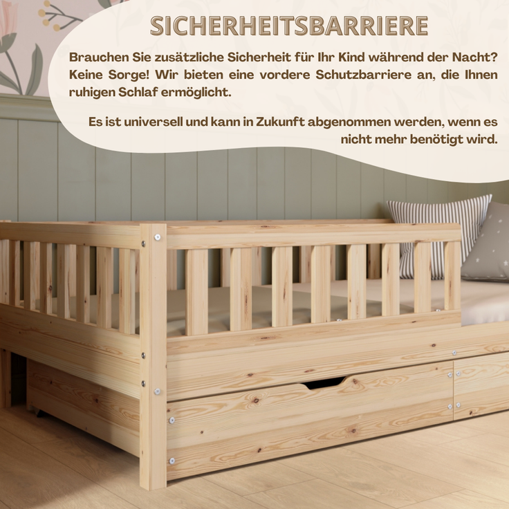 Crazy Pine 'Crazy Basic' Kinderbett mit Rausfallschutz, Skandinavisches Design, Holz, Natur, 80x160 cm, mit Schublade – Bild 6