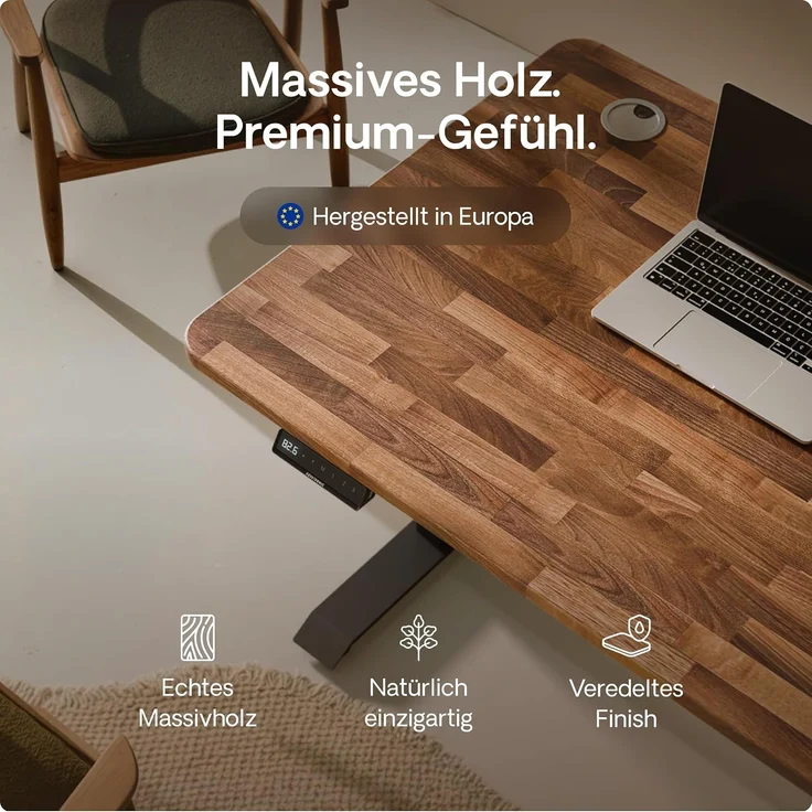 Desktronic Höhenverstellbarer Schreibtisch aus massivem Nussbaumholz (200x80 cm) – Elektrisch höhenverstellbar mit flüsterleisem Dual-Motor & Touchscreen – Hohe Tragfähigkeit – Stehtisch HomePro – Bild 8