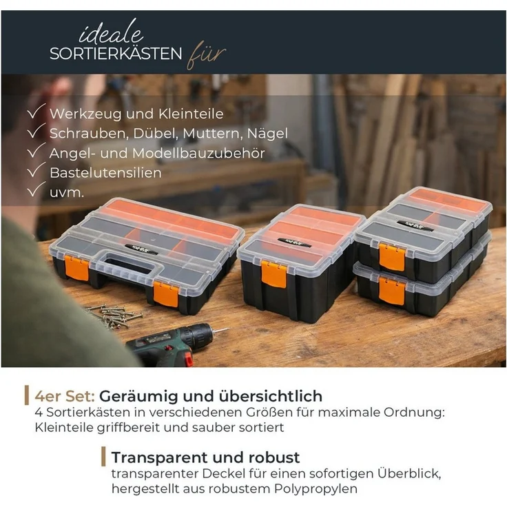 HMF Sortimentskasten Sortierbox leer, Sortimentskasten für Werkzeug und Kleinteile (Set, 4 Boxen), 49 Fächer, transparenter Deckel, Schwarz-Orange – Bild 1