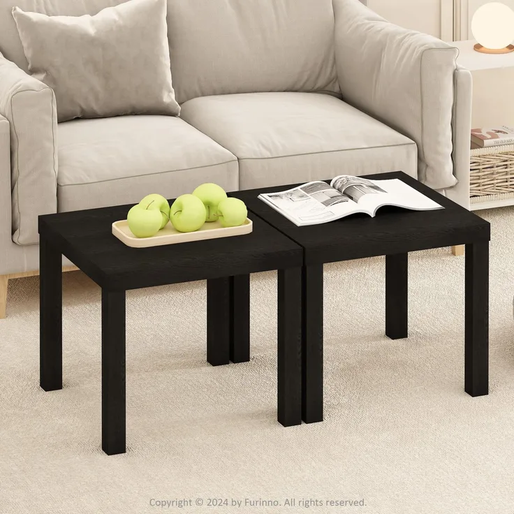 Furinno Classic Couchtisch-Set 2-teilig, quadratischer moderner Couchtisch mit 4,57 cm Dicker Tischplatte, Beistelltisch mit 4 Beinen, für Wohnzimmer, Schlafzimmer, Home Office, Schwarz