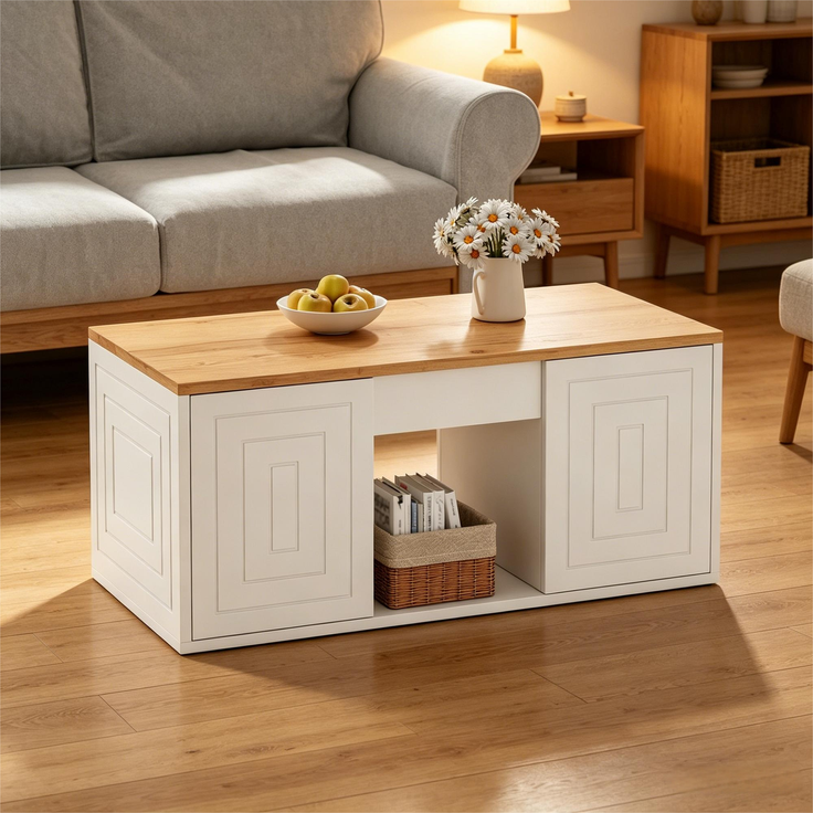 Couchtisch 46 x 95 x 45 cm, mit Höhenverstellung, in Holzoptik, Konstruktion aus Spanplatte, Weiß / Naturfarben – Bild 2