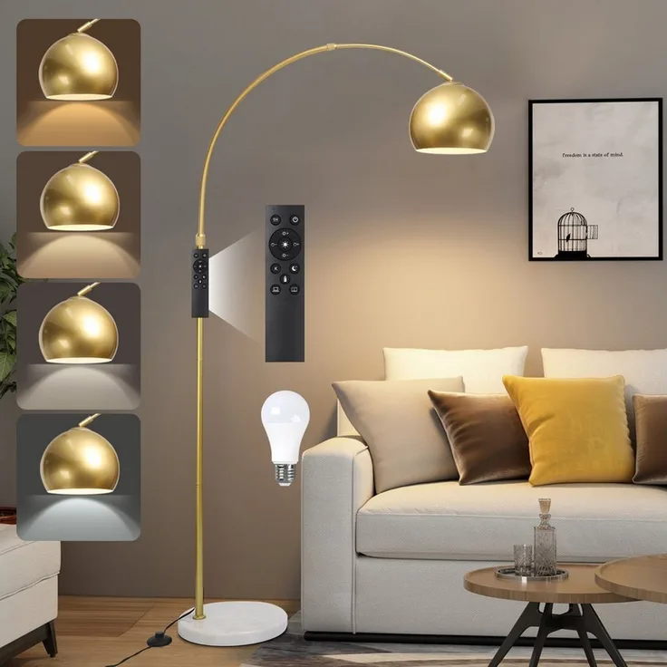 Jibenhome Stehlampe Wohnzimmer Dimmbar Gold, 3 Lichtmodi, Höhenverstellbare, Fußschalter, Speicherfunktion, Timer, Bogenlampe, Mit LED-Glühbirne