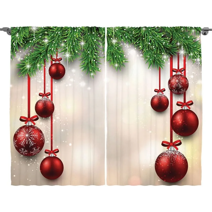 Abakuhaus Gardine Schlafzimmer Kräuselband Vorhang mit Schlaufen und Haken, Weihnachten Red Ball Ribbons