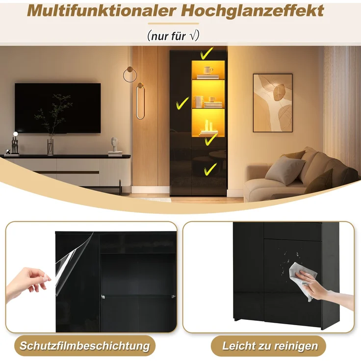 70*35*180cm Vitrine mit Schubladen, Vitrine Hochglanz, Glasvitrine mit LED-Beleuchtung,Hochschrank, Highboard Mit Schrank , Standvitrine,Trennwandlagerung, empfohlene Tragkraft 45kg,Schwarz – Bild 9