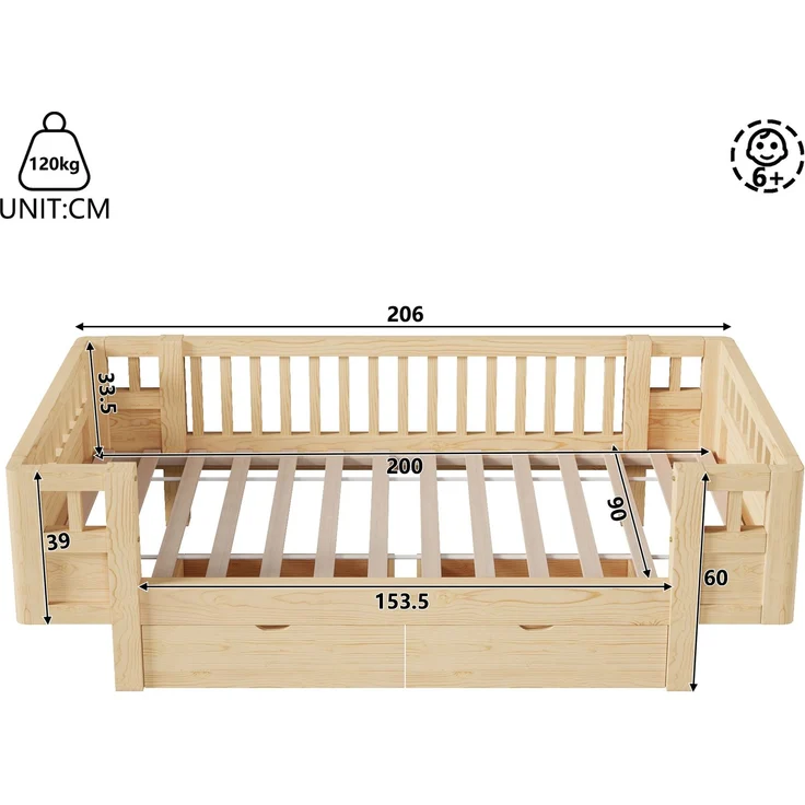 Merax Hochbett 90x200 Kinderbett, mit hohem Schutzgitter & zwei großen Schubladen, Holzfarbe – Bild 4