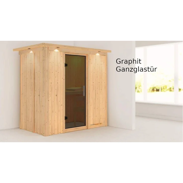 Karibu Sauna Variado mit Dachkranz + 9kW Saunaofen mit ext. Steuerung Easy Bronzierte Ganzglastür – Bild 6
