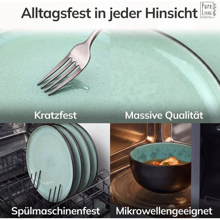 Steingut Frühstücksteller 6 Pers. Ibiza Hochwertiges Mediterranes TEST SEHR GUT Dessertteller Set - Kuchenteller spülmaschinen- und kratzfest - Kleine Teller, Salatteller Pure Living in Salbeigrün – Bild 4