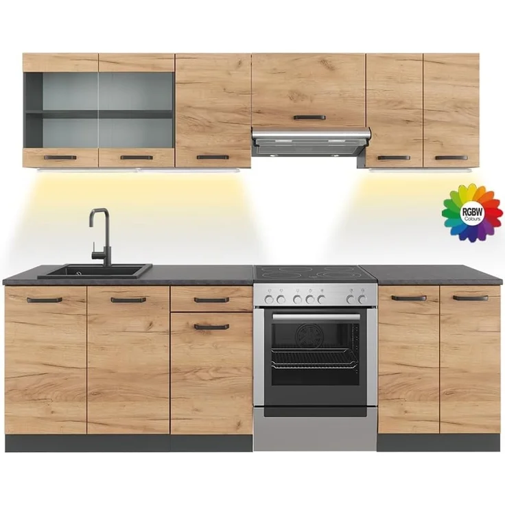 Küchenzeile R-Line Goldkraft Eiche/Anthrazit 240 cm, AP Schwarz gemustert mit LED-Leisten Vicco – Bild 1