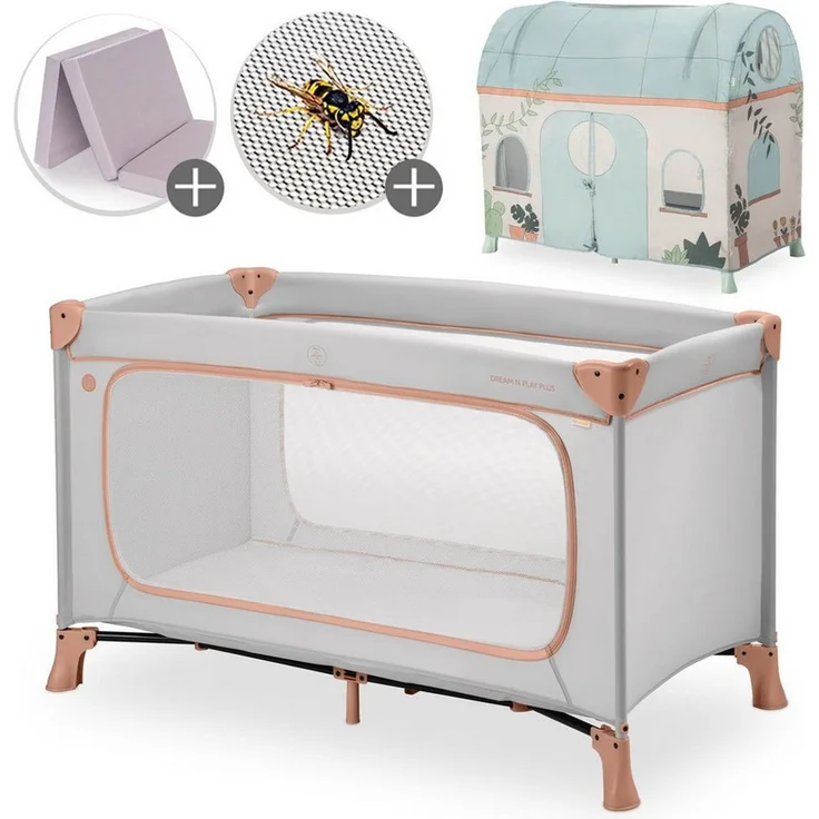 Hauck Baby-Reisebett Dream N Play Plus - Dusty Cork / Plants, Kinderreisebett mit Eingang, Matratze, Moskitonetz & Spielzelt faltbar – Bild 1