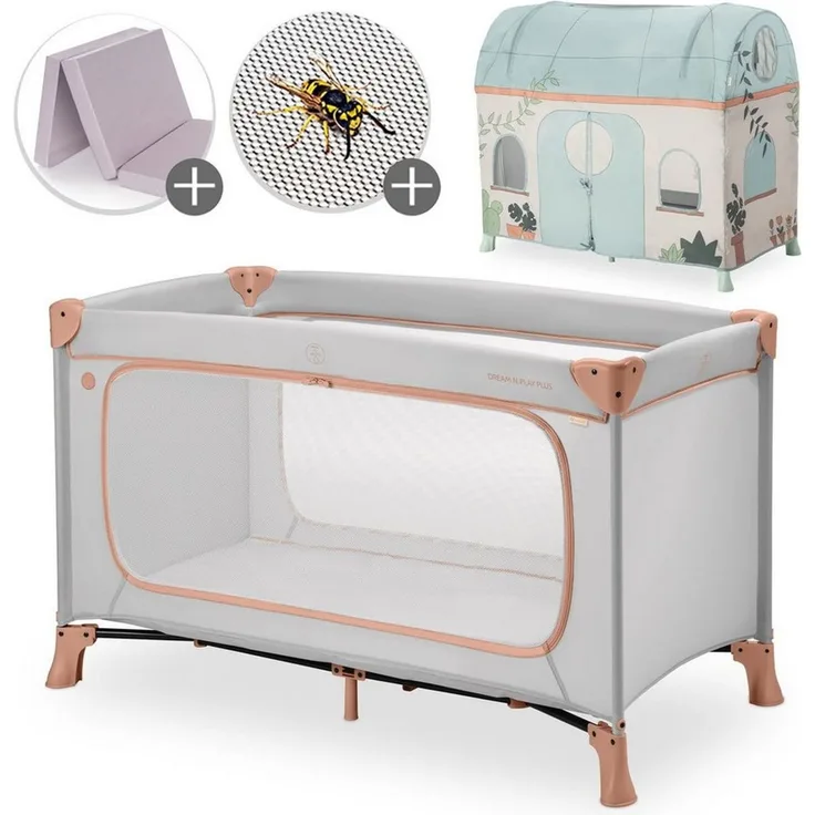 Hauck Baby-Reisebett Dream N Play Plus - Dusty Cork / Plants, Kinderreisebett mit Eingang, Matratze, Moskitonetz & Spielzelt faltbar