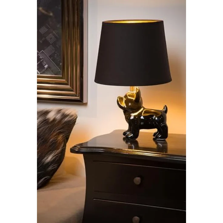 Lucide Sir Winston, Vintage Nachttischlampe mit Bulldoggen-Design und Leinenlampenschirm, 31,5 cm – Bild 5